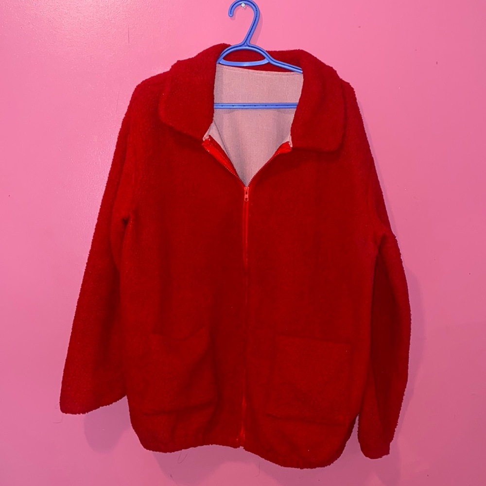 RED SHERPA ZIP UP JACKET